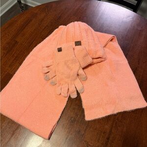 Peach Knit Scarf, Hat, and Gloves Set